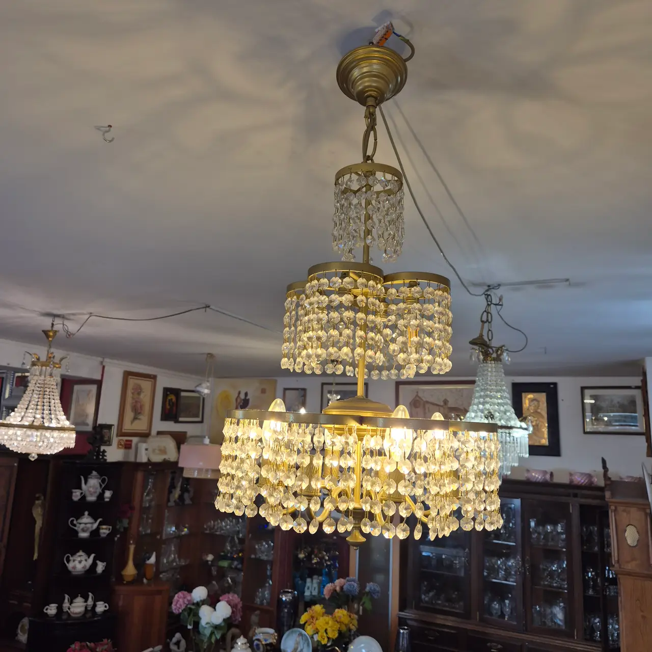 Candeeiro Tecto Latão Cristal